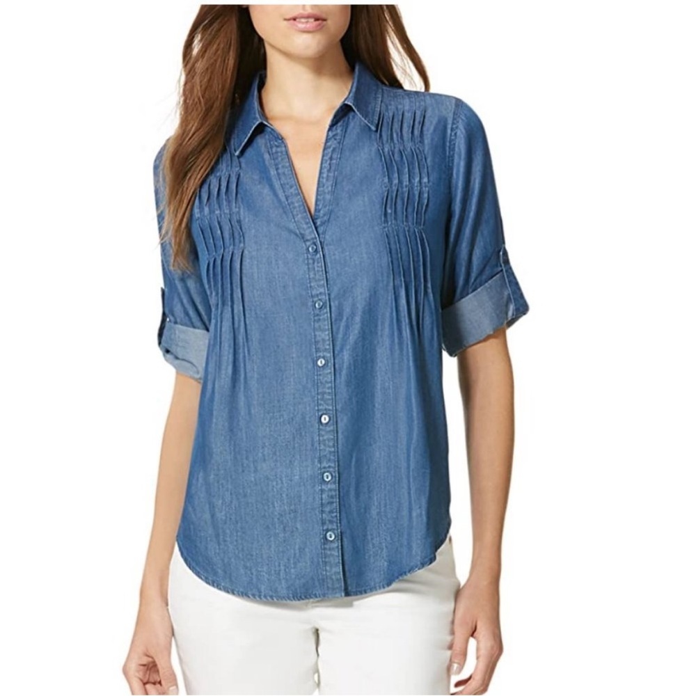 Gloria Vanderbilt Shirt Medium Giselle Blue Chambray Denim Button-Down Cotton